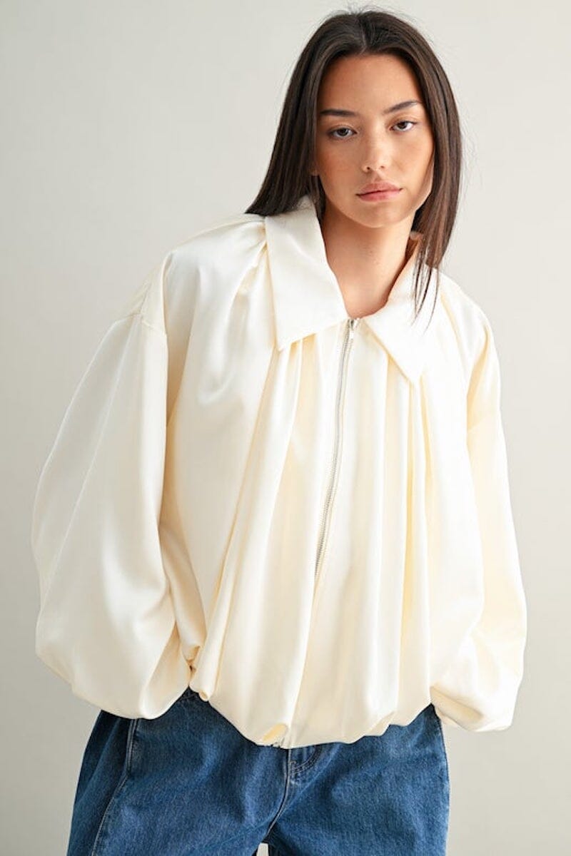 Katy Satin Puffed Sleeve Bomber Jacket Clothing Olivaceous 