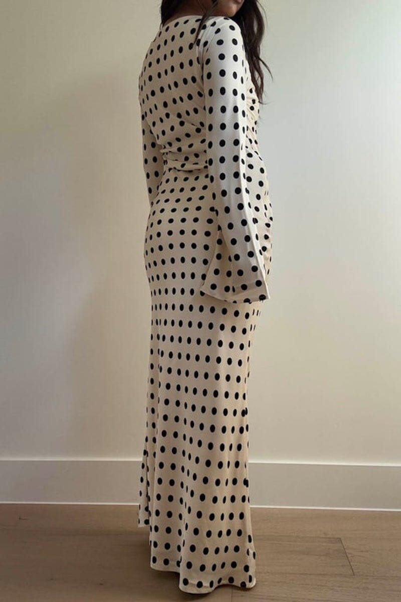 Liora Polka Dot Satin Long Sleeve Maxi Dress Clothing Bailey Rose 