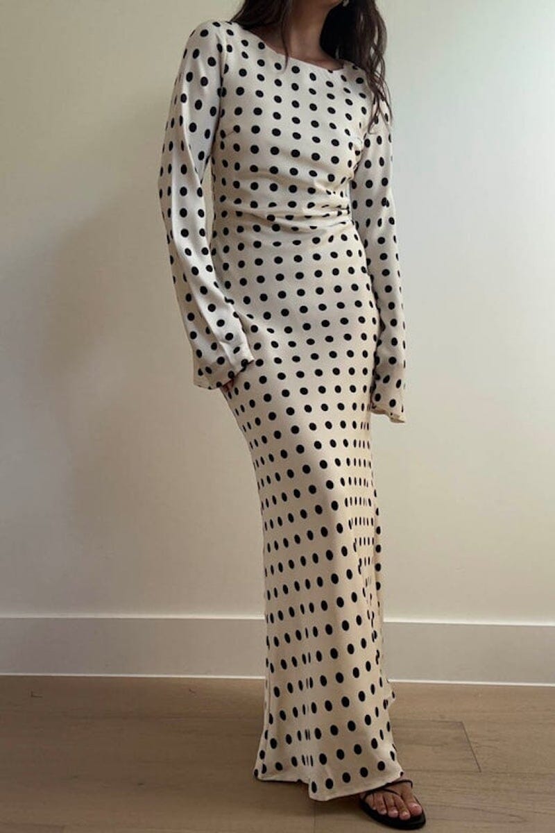Liora Polka Dot Satin Long Sleeve Maxi Dress Clothing Bailey Rose 