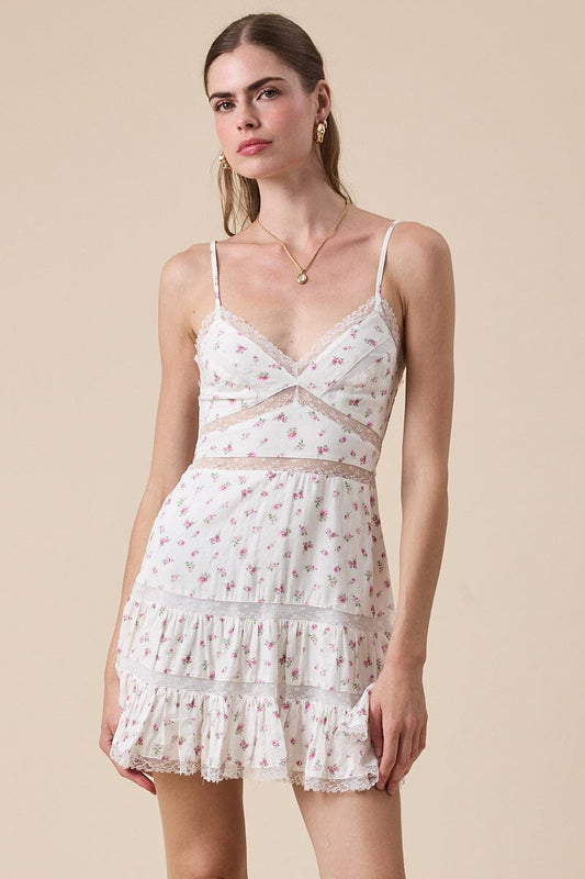 Marnie Ditsy Floral V-Neck Smocked Back Tiered Mini Dress Clothing Sky to Moon 
