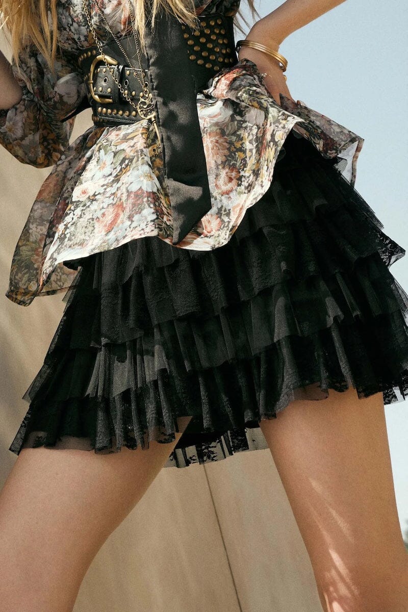 Mira Dolled Up Lace and Mesh Tiered Ruffle Mini Skirt Clothing Promesa 