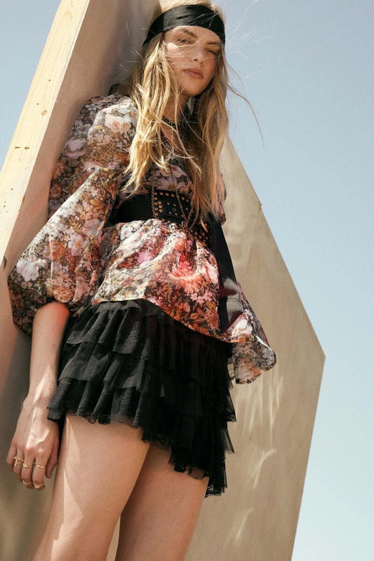 Mira Dolled Up Lace and Mesh Tiered Ruffle Mini Skirt Clothing Promesa 