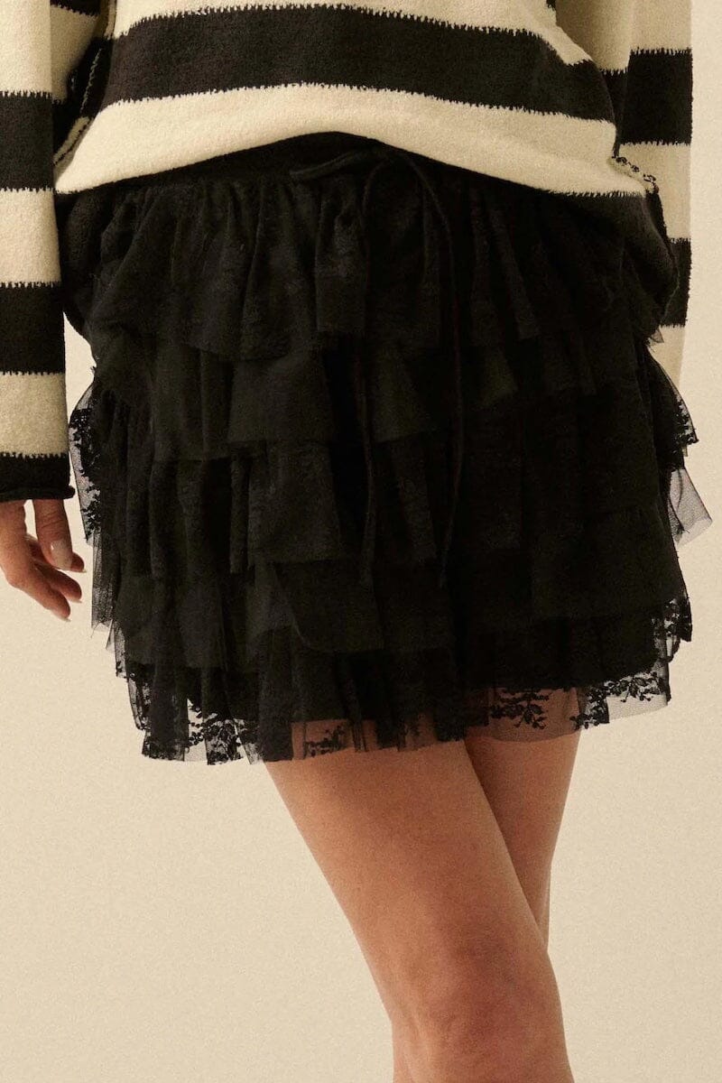 Mira Dolled Up Lace and Mesh Tiered Ruffle Mini Skirt Clothing Promesa 