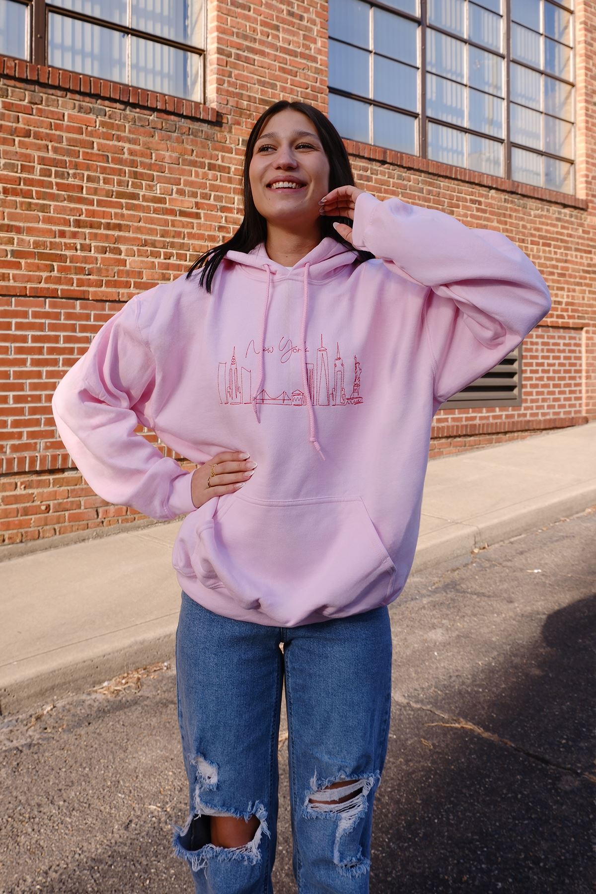 New York Skyline Embroidered Hoodie sweatshirt mure + grand Pink XS 