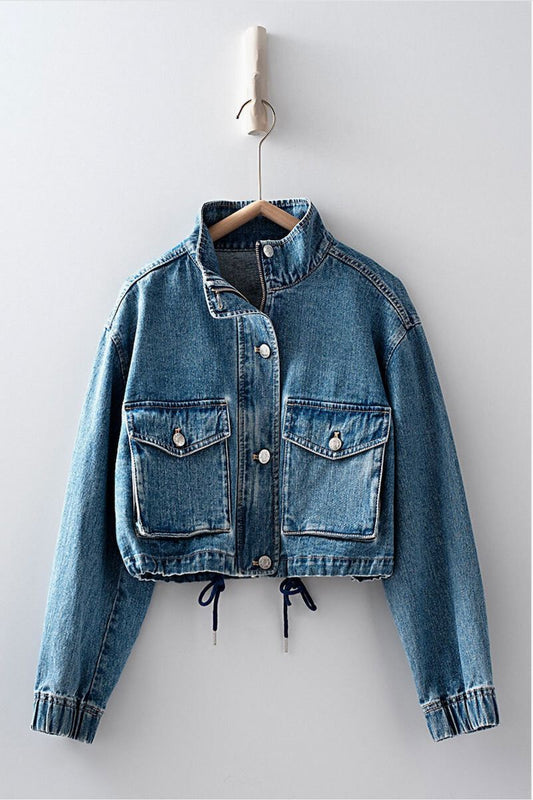 Nida Cropped Drawstring Denim Jacket Clothing Urban Daizy 