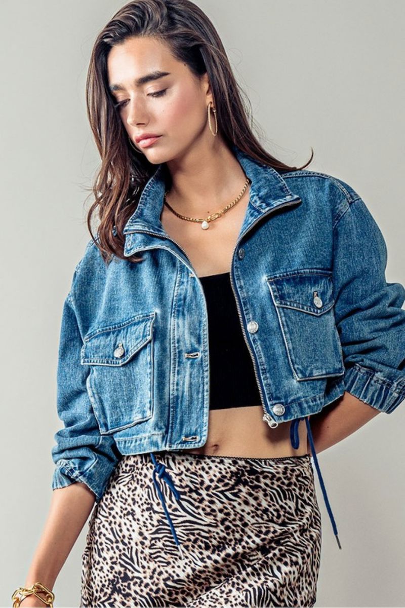 Nida Cropped Drawstring Denim Jacket Clothing Urban Daizy 