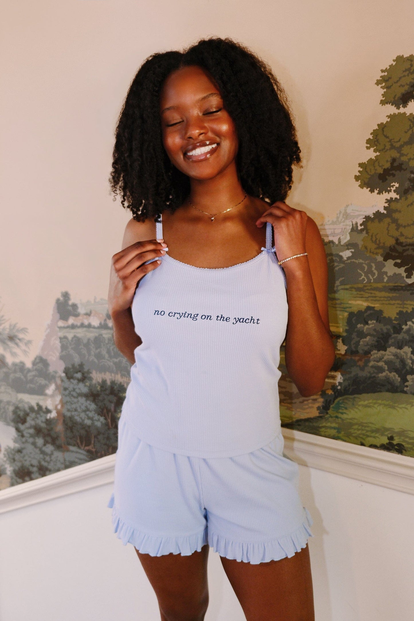 No Crying on the Yacht Embroidery Pointelle Tank Top and Short Set Clothing mure + grand 