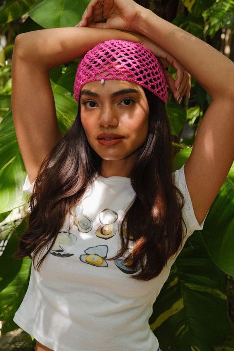 Pearl Tear Drop Crochet Summer Headpiece Hats mure + grand Hot Pink 