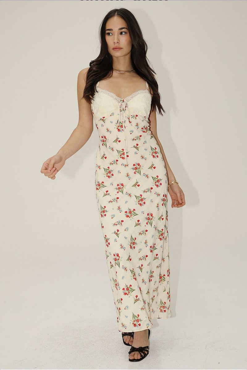 Raisa Floral Lace Trim Maxi Dress With Tie Back Clothing Bailey Rose 