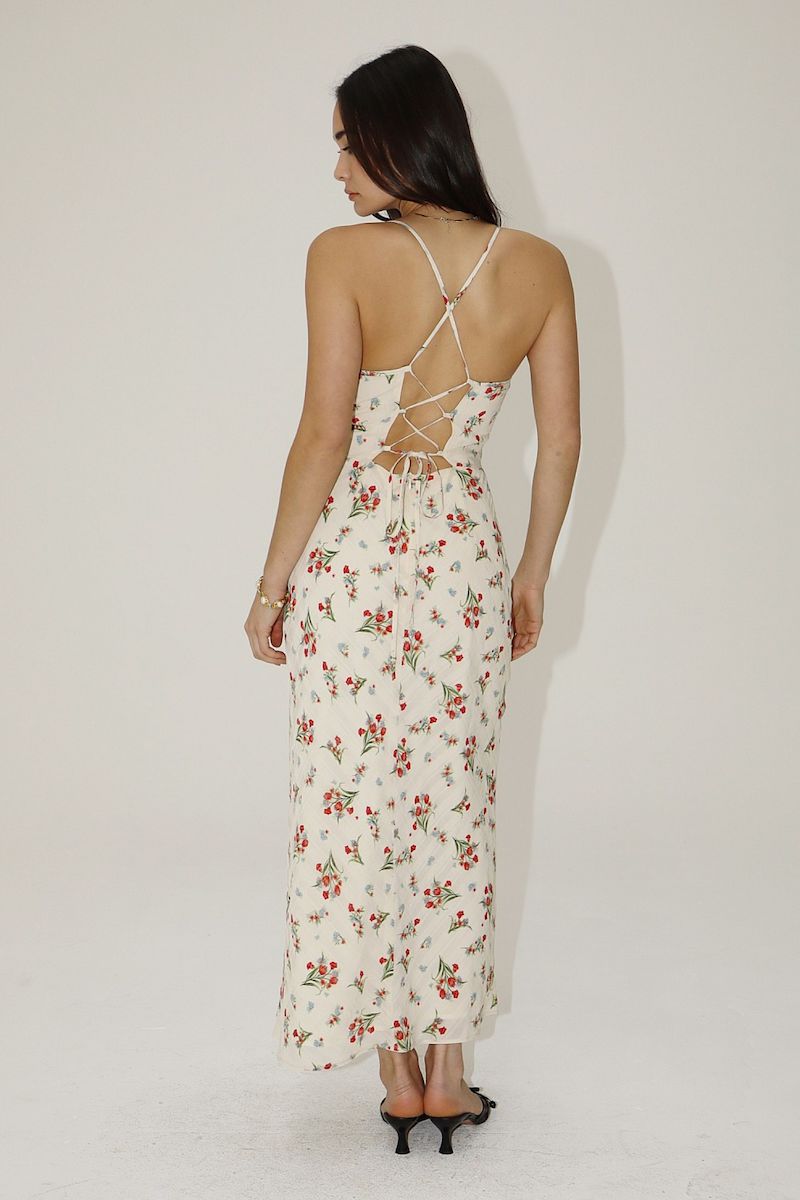 Raisa Floral Lace Trim Maxi Dress With Tie Back Clothing Bailey Rose 