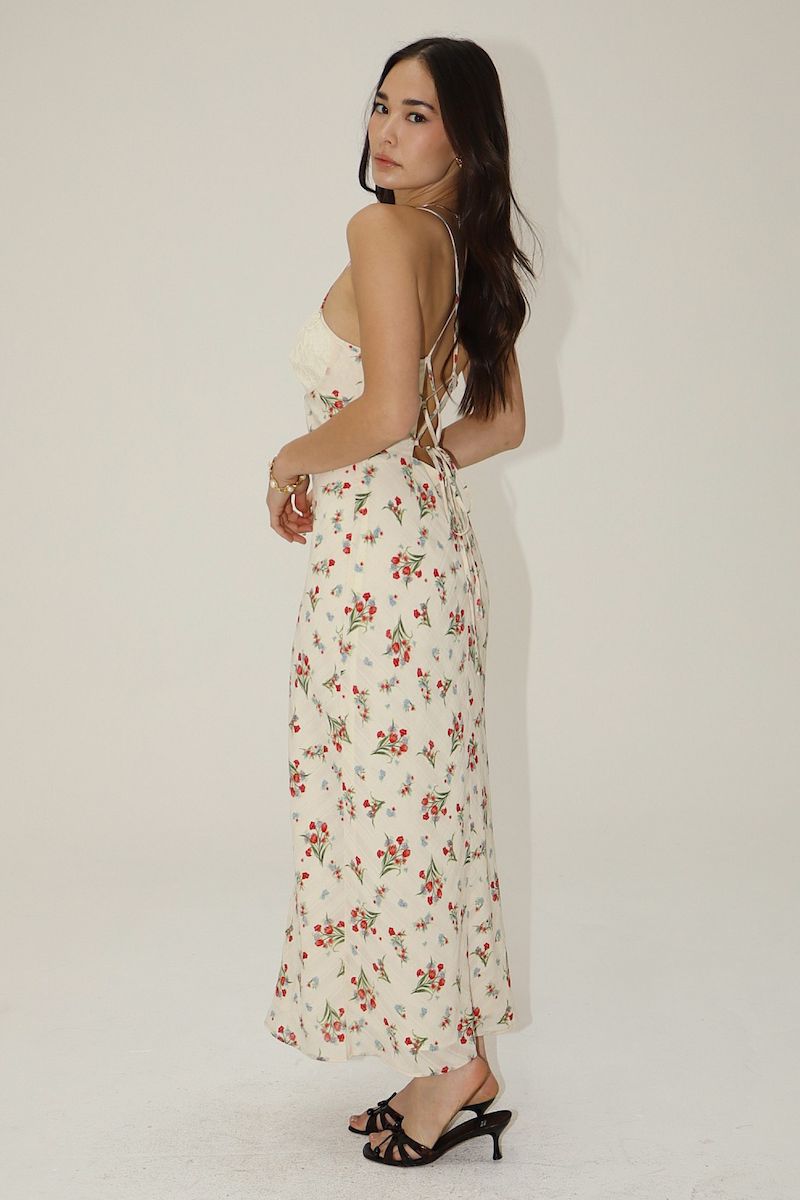 Raisa Floral Lace Trim Maxi Dress With Tie Back Clothing Bailey Rose 