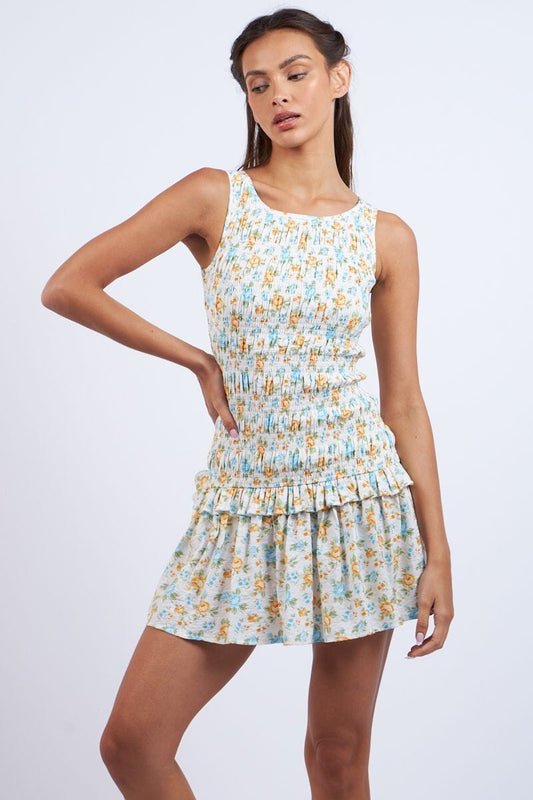 Renata Orange Floral Print Smocked Body Mini Dress Clothing Sky to Moon 