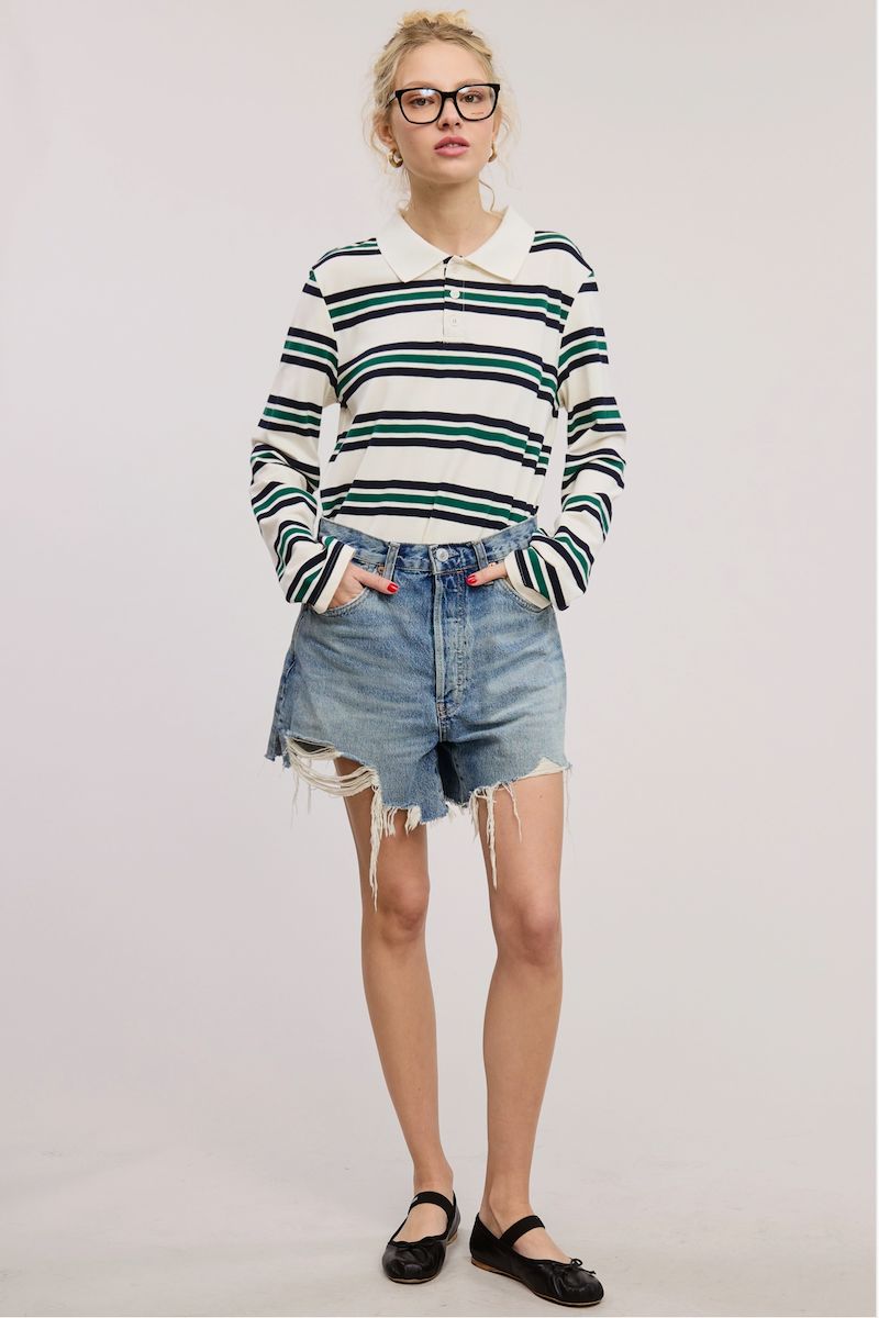Rida Boxy Fit Striped Knit Polo Sweatshirt Clothing mimosa 