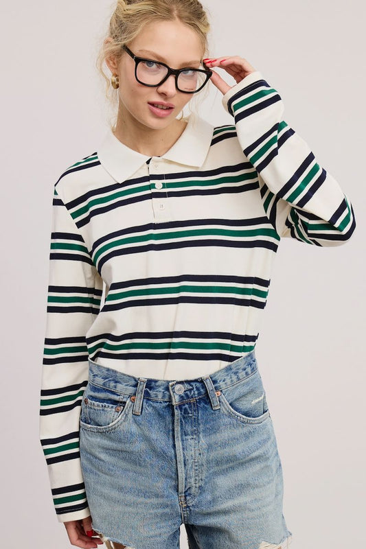Rida Boxy Fit Striped Knit Polo Sweatshirt Clothing mimosa 