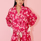 Satin Bow Prints Tied Cuffs Detail Pajama Set Pajamas Peach Love 