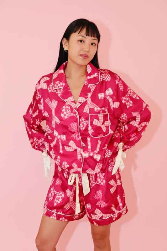 Satin Bow Prints Tied Cuffs Detail Pajama Set Pajamas Peach Love 