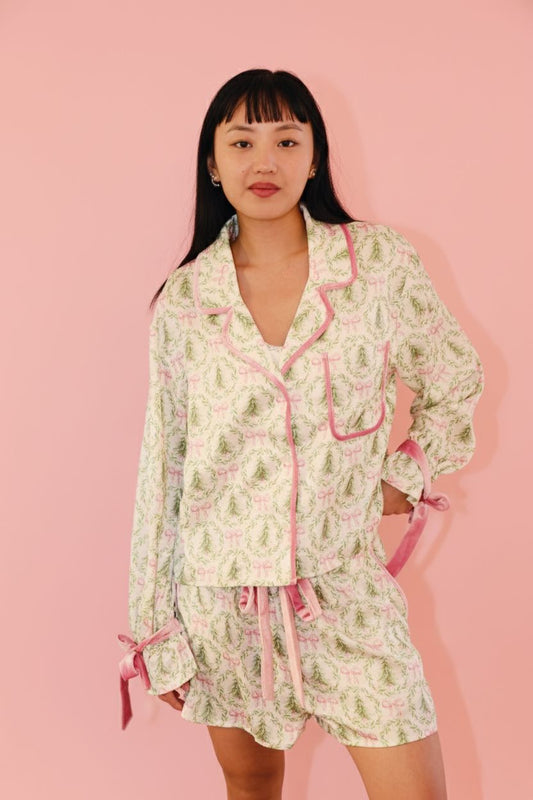 Satin Christmas Tree and Bow Prints Pajama Set Pajamas Peach Love S 