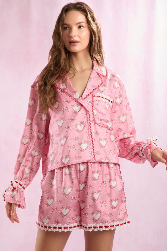 Satin Hearts Prints Pajama Set Pajamas Peach Love 