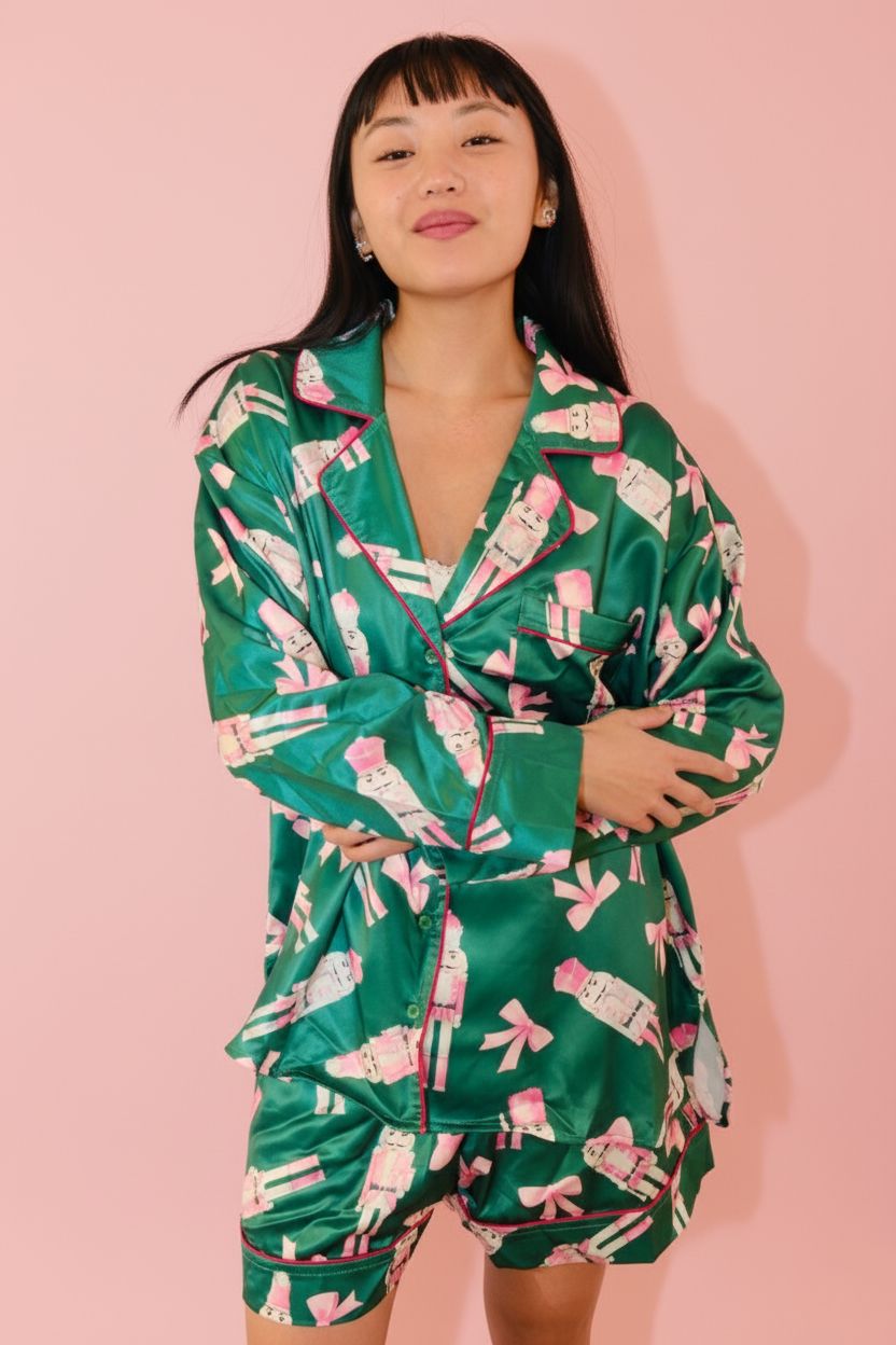 Satin Nutcrackers and Bow Prints Pajama Set Pajamas Peach Love 