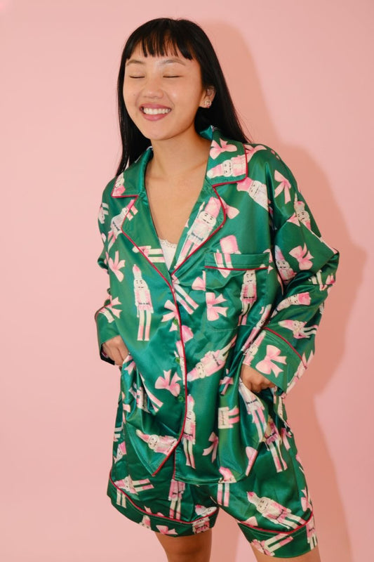 Satin Nutcrackers and Bow Prints Pajama Set Pajamas Peach Love 