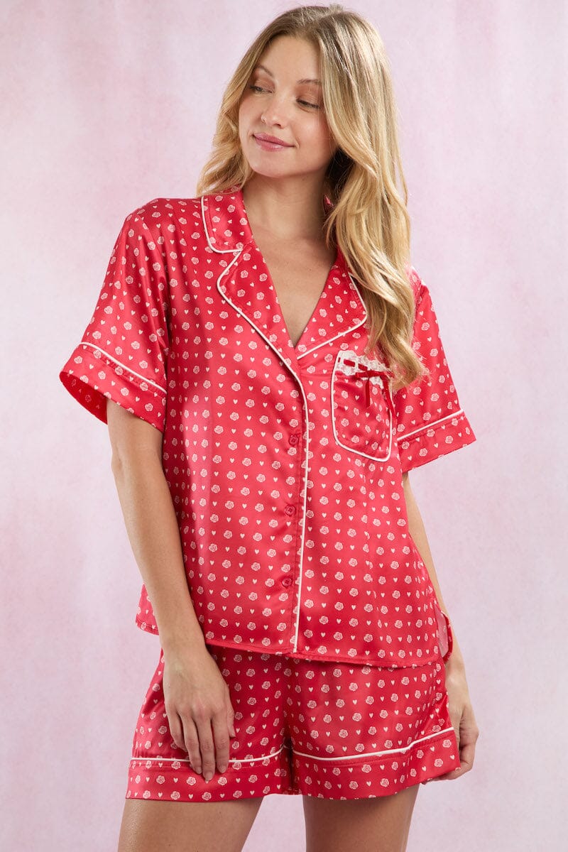 Satin Rose Prints Pajama Set Pajamas Peach Love 