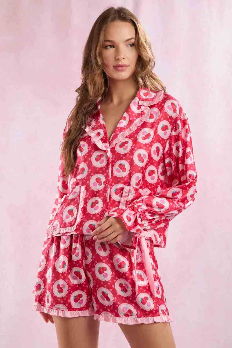 Satin Strawberry Love Prints Pajama Set Pajamas Peach Love 