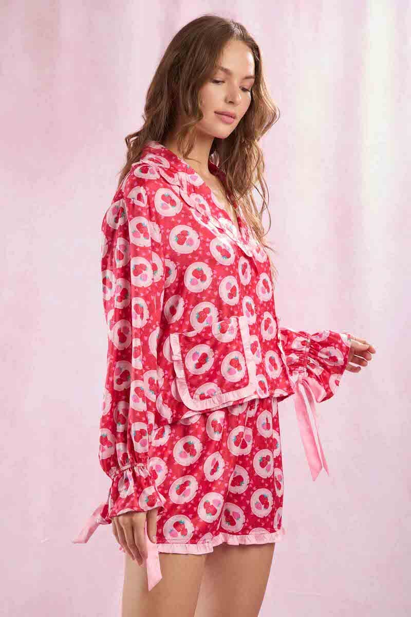 Satin Strawberry Love Prints Pajama Set Pajamas Peach Love 