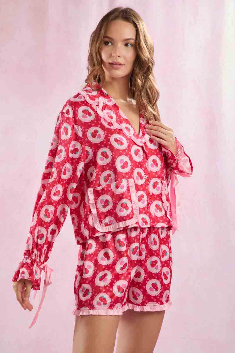 Satin Strawberry Love Prints Pajama Set Pajamas Peach Love 