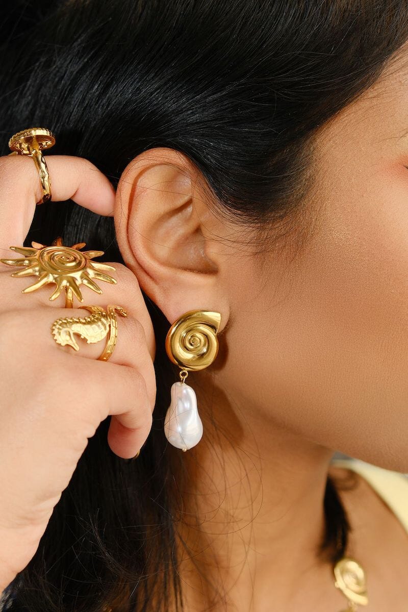 Spiral Shell & Pearl Drop Statement EarringsMure + Grand