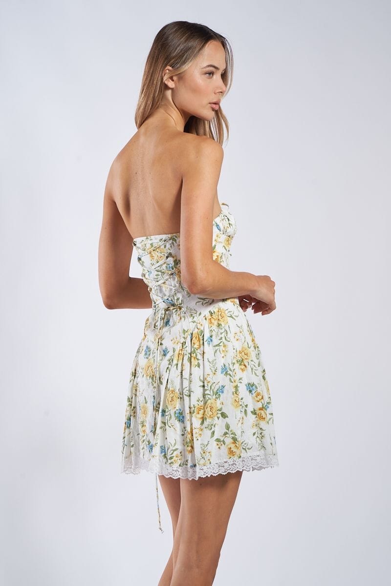 Tansy Flower Print Front Tie Strapless Mini Dress Clothing Sky to Moon 