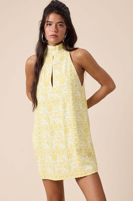 Vera Vintage Print Turtle Neck Cutout Mini Dress Clothing Sky to Moon 