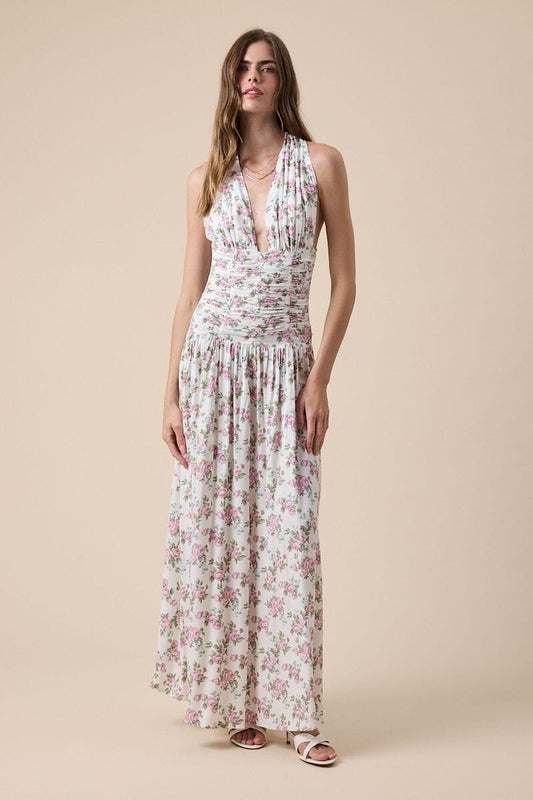 Wren Floral Print Halter Tie Neck Maxi Dress Clothing Sky to Moon 