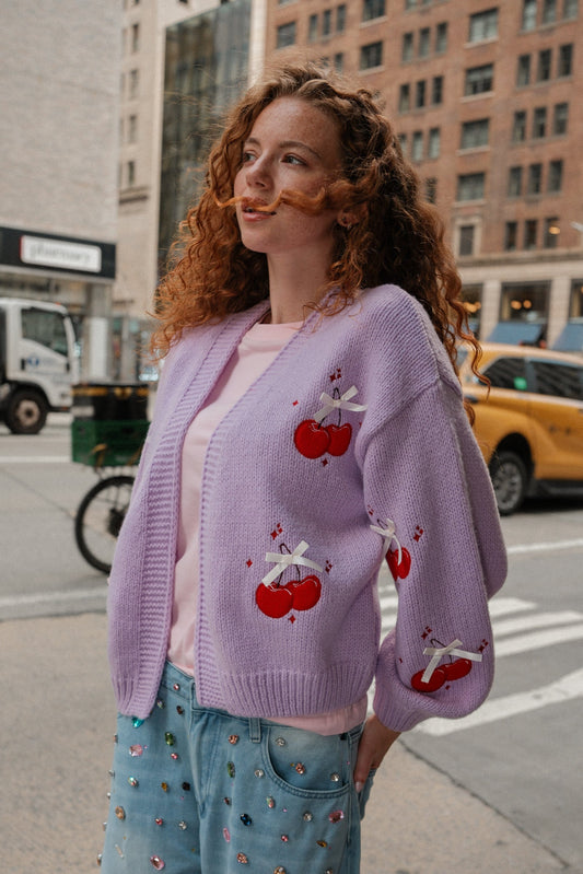 You're the Cherry on Top Puff Cardigan Sweater mure + grand 