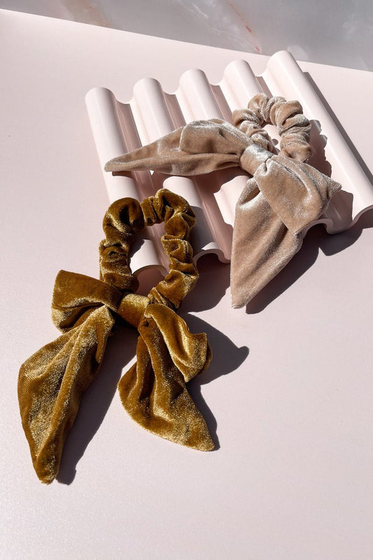 Golden Hour Velvet Bow Scrunchie Set Hair Accessory Mulberry & Grand 