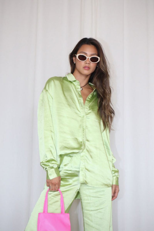 Kiwi Heavy Satin Button Down Top Clothing Bailey Rose 