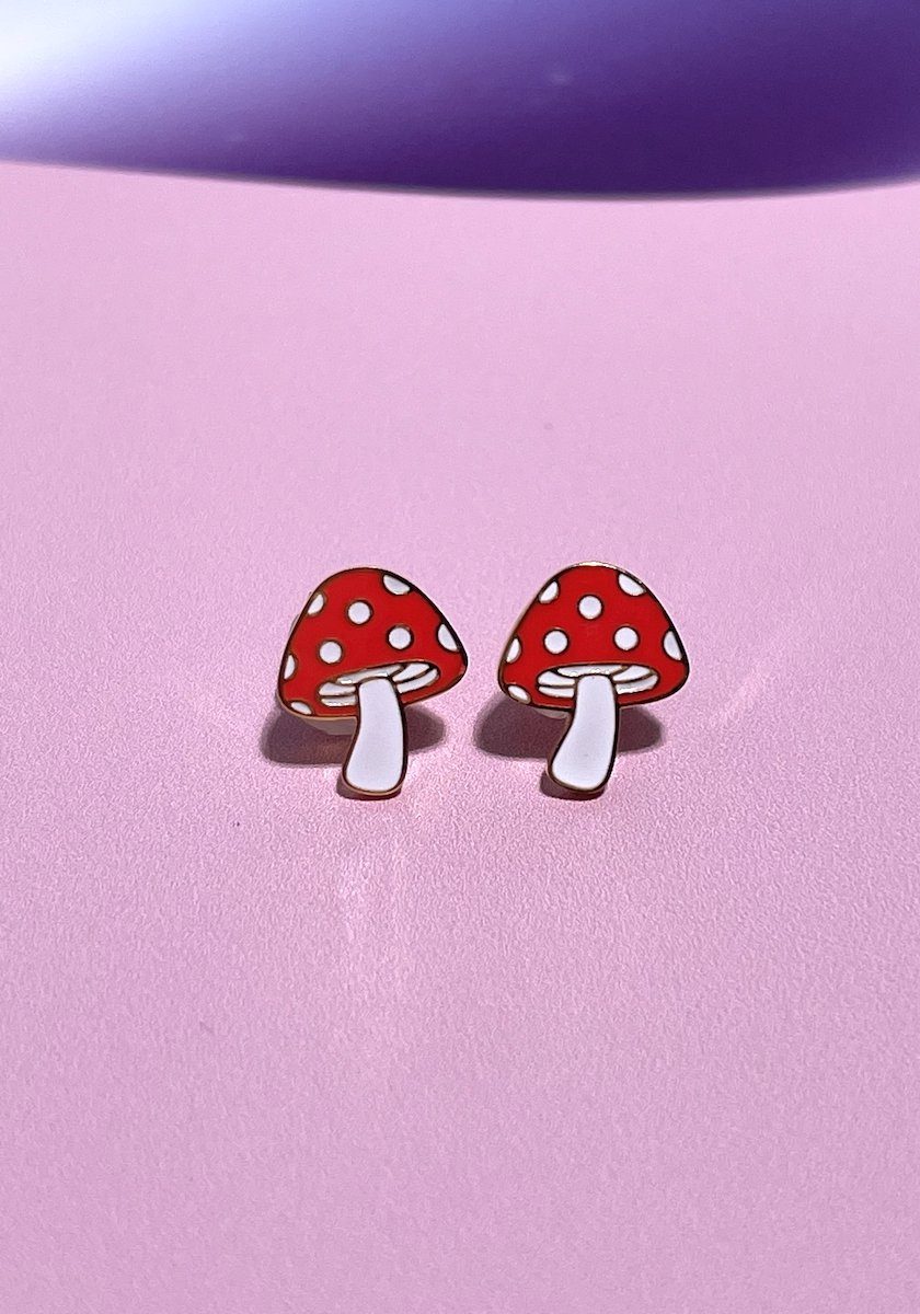 Mushroom Enamel Charm Stud Earrings Earrings Mure + Grand Gold 
