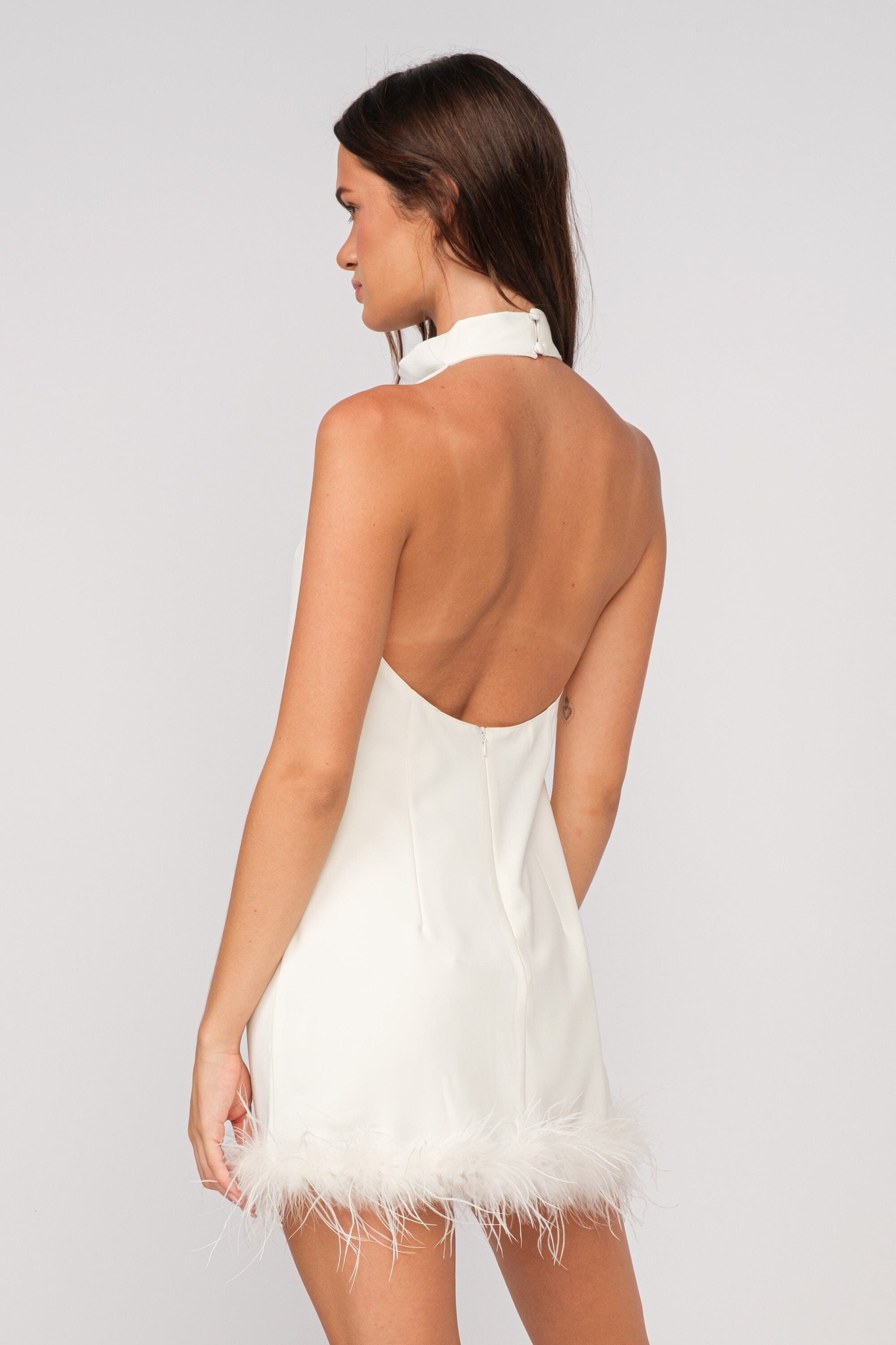 Odette Low Back Feather Trim Mini Dress