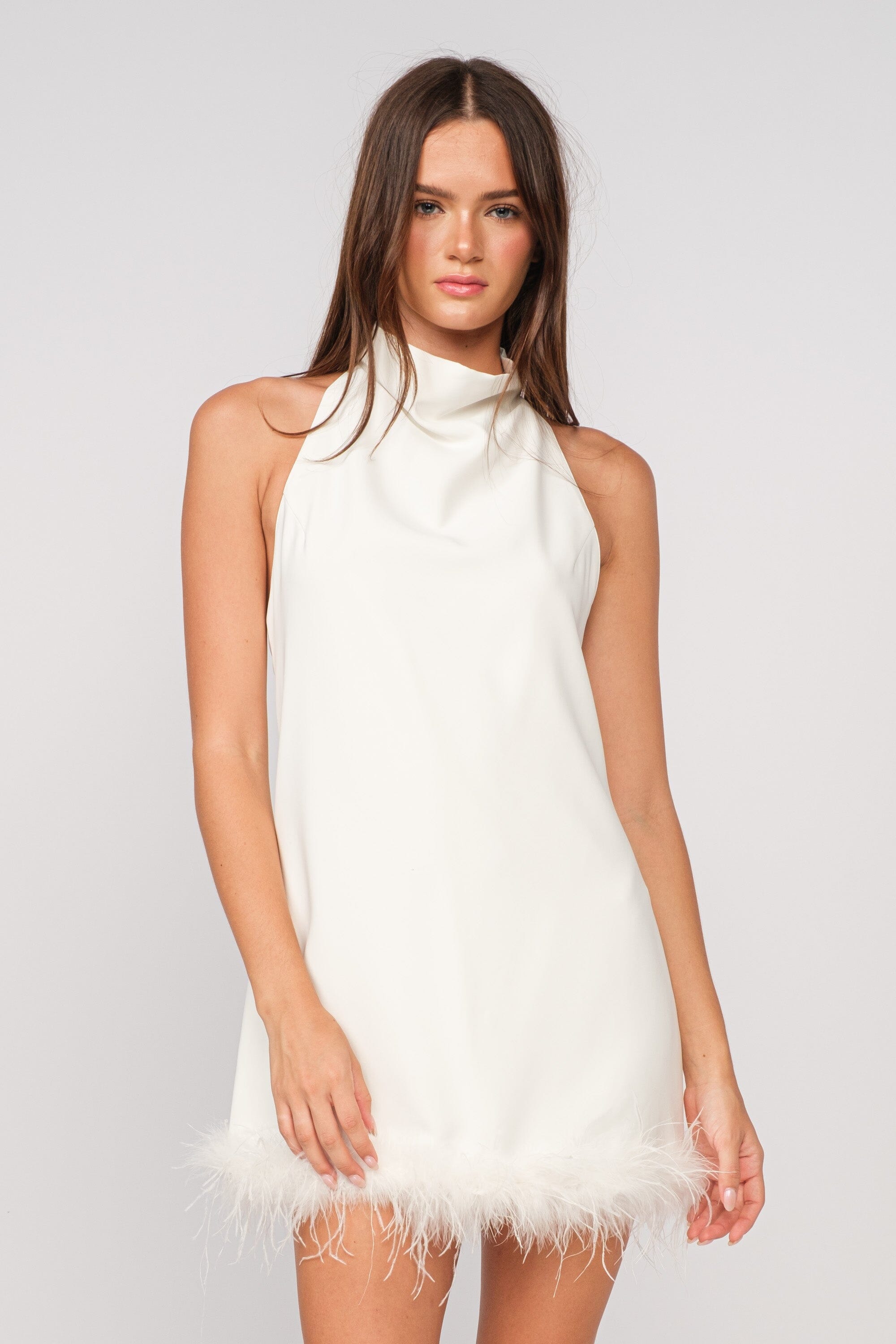 Odette Low Back Feather Trim Mini Dress