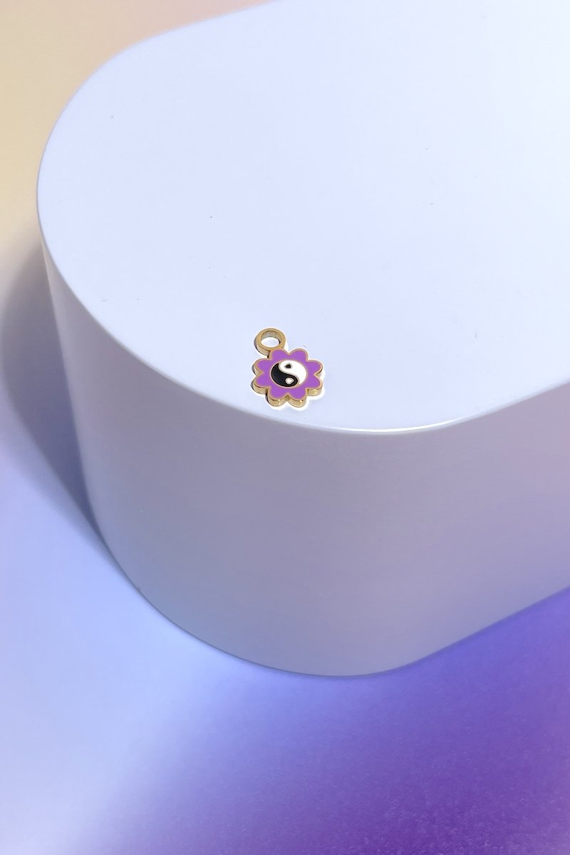 Purple Flower Yin Yang Enamel Dangle Charm Earrings Mure + Grand Gold 