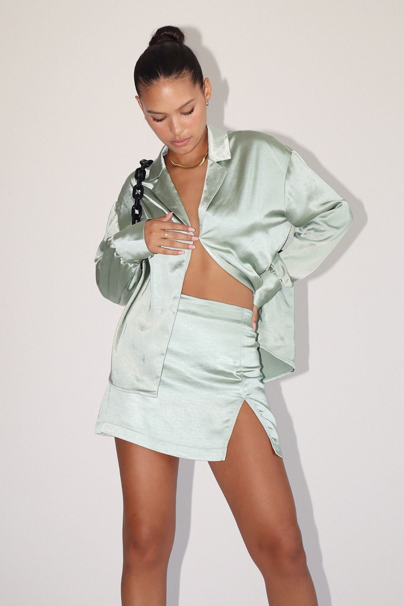 Sage Satin Slit Mini Skirt Clothing Bailey Rose 